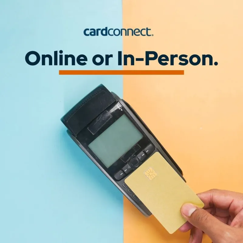 Organic post: a hand tapping a card on a payment terminal, headline 'Online or in-person'