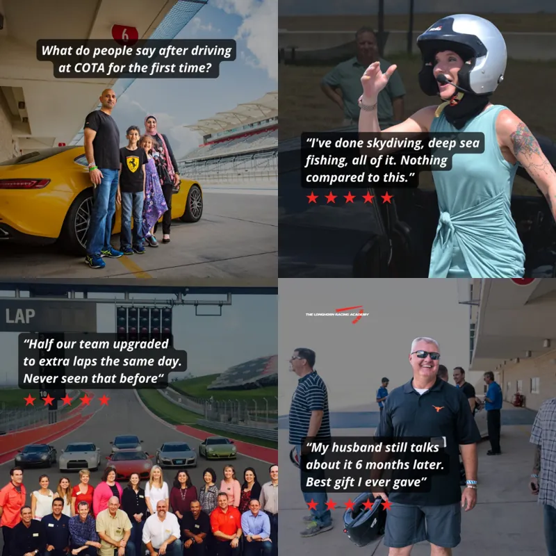 Organic post: a collage of guest photos and five-star quotes from a first drive at Circuit of the Americas