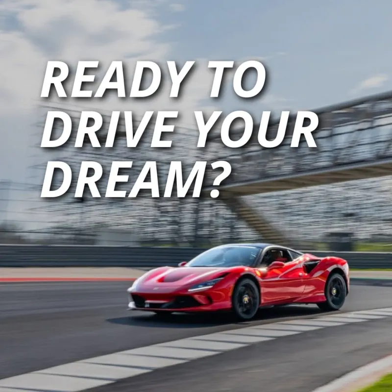Paid social ad: a red Ferrari at speed, headline 'Ready to drive your dream?'